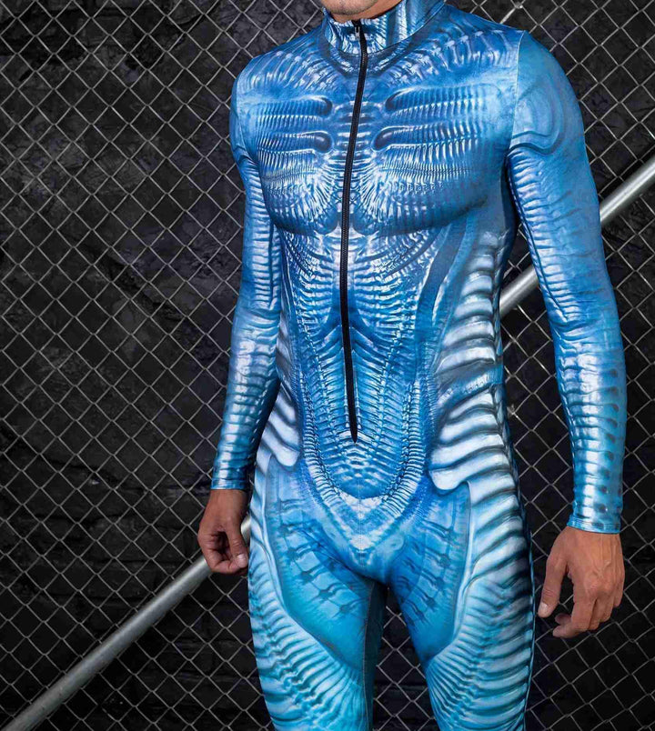 A person wearing a Maramalive™ Halloween New Tights 3D Digital Printing One-piece Play Costume stands in front of a chain-link fence. Their face is not visible.