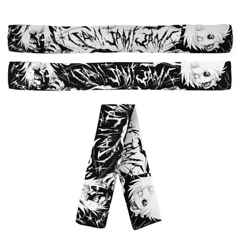 Black and white graphic print scarf featuring anime-style characters and abstract patterns, crafted from soft viscose fiber. This Maramalive™ European And American Scarf Autumn And Winter New Dark Style Fire Element is the perfect winter accessory to add both style and warmth to your wardrobe.