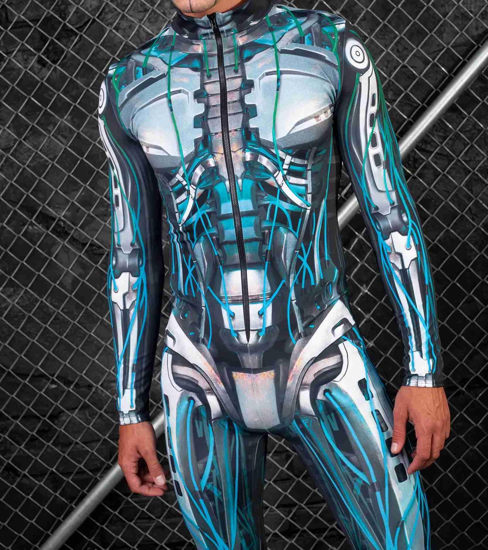 A person wearing a Maramalive™ Halloween New Tights 3D Digital Printing One-piece Play Costume with a futuristic, robotic-themed bodysuit featuring metallic and circuit-like designs stands in front of a chain-link fence, blending seamlessly into street fashion. Available in both children and adult sizes.