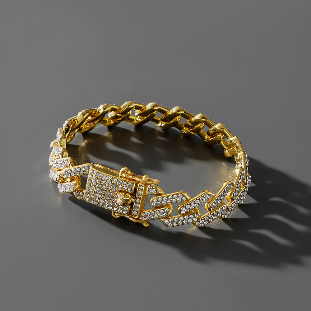A woman wearing a Hip Hop Trend Full Diamond Cuban Link Chain Men's Bracelet from Maramalive™.