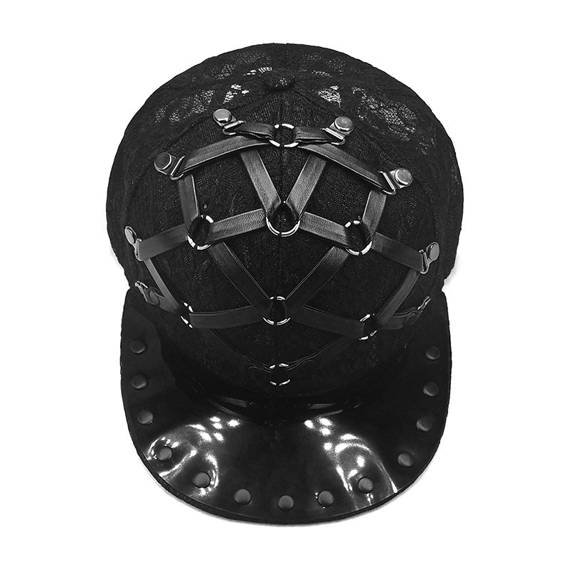 European And American Punk T-shaped Leather X Leather Hip Hop Flat-brimmed Cap Men And Women