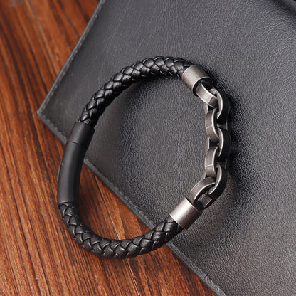 A Genuine Black Leather Chain Bracelet Magnetic Buckle with a stainless steel clasp by Maramalive™.