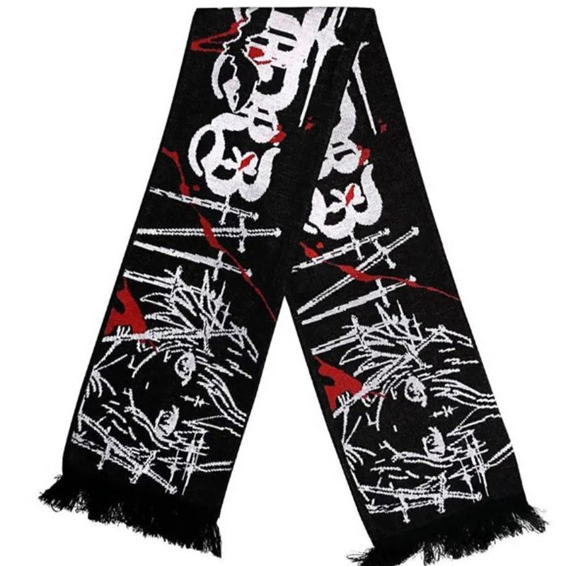 A European And American Scarf Autumn And Winter New Dark Style Fire Element, made from viscose fiber, features abstract white and red designs. This stylish winter accessory from Maramalive™ has fringed ends to add a touch of flair while keeping you warm.