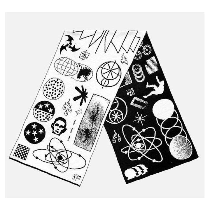 Black and white graphic artwork featuring various scientific and geometric shapes, atomic symbols, animal silhouettes, and abstract designs on two overlapping panels, perfect for a winter accessory. Stylish as Maramalive™ European And American Scarf Autumn And Winter New Dark Style Fire Element woven with soft viscose fiber to blend art and comfort seamlessly.