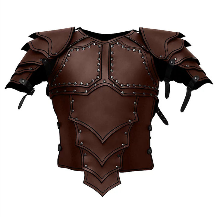 A heavy brown leather chest armor with black straps and silver rivets, featuring layered shoulder guards and a detailed design on the front, perfect for your next European fantasy adventure has been replaced by Maramalive™ Anime Real-life Costume Samurai Armor COSPLAY Synthetic Leather Men's Clothing.