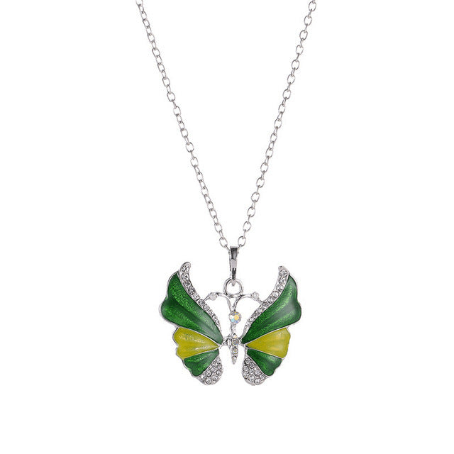 Unique Colorful Butterfly Pendant Stunning Silver Necklace for Her Green/Yellow