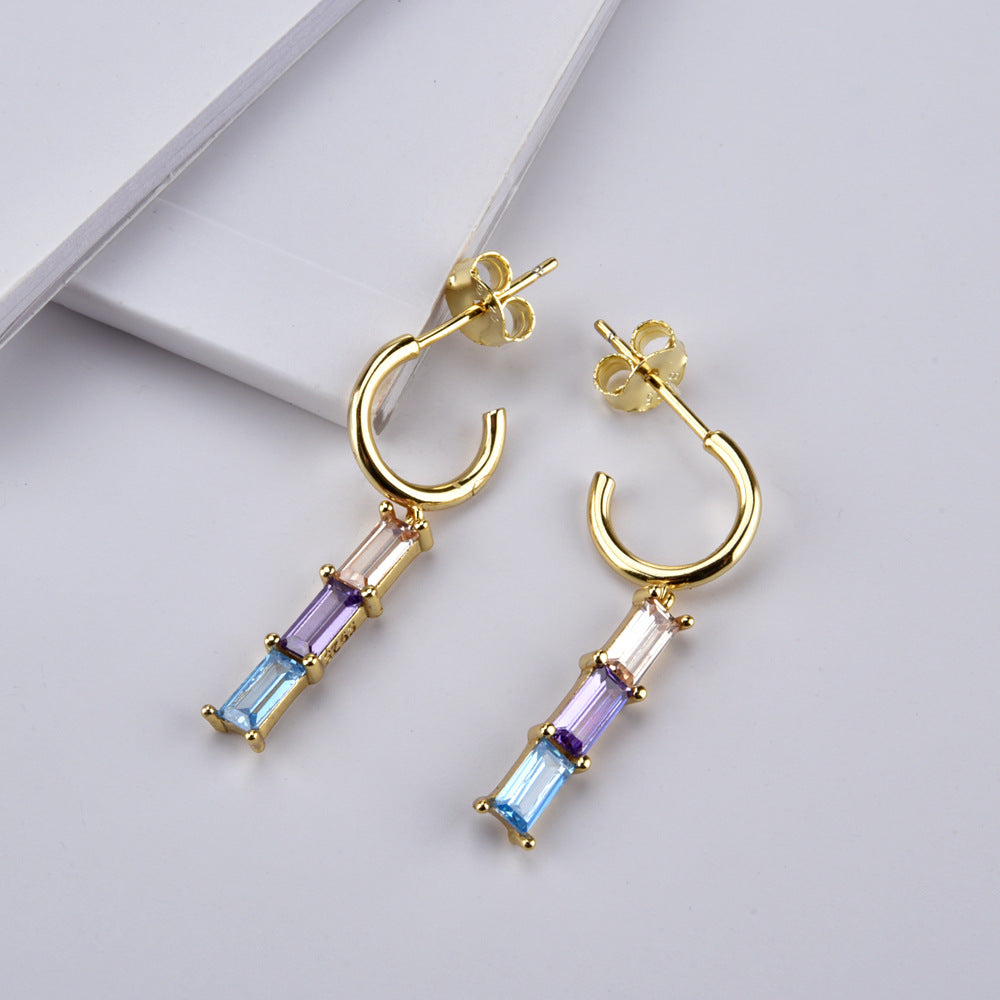 A pair of Maramalive™ Sterling Silver Handbag Square Stone Stitching Rainbow Rectangular Stone Earrings with multi colored stones.