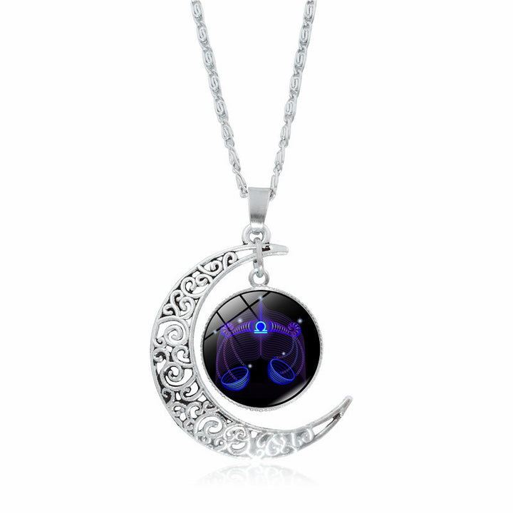 Zodiac Time Stone Moon Glass Pendant | Constellation gem Necklace Libra