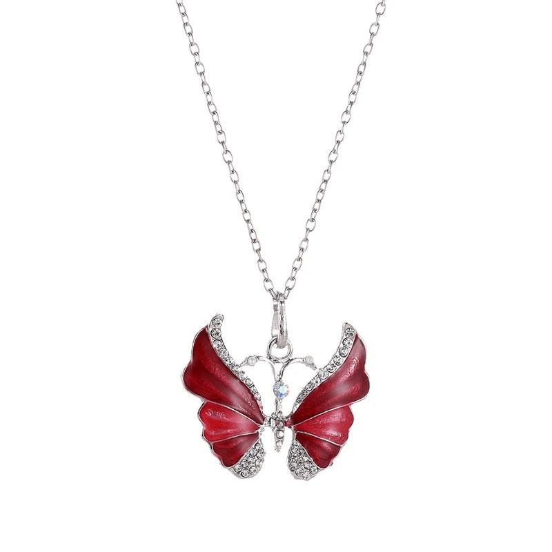 Unique Colorful Butterfly Pendant Stunning Silver Necklace for Her Red