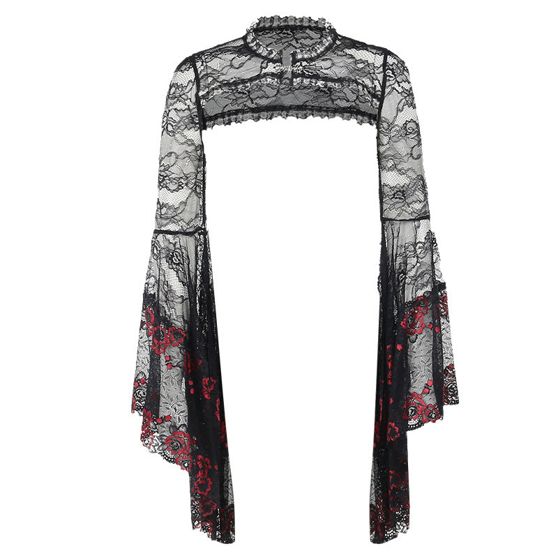 A black lace top with long, flared sleeves and red floral embroidery near the cuffs, this Edgy Gothic Blouse - Shop Dark Goth Style Top for Women by Maramalive™ boasts a slim fit that complements any dark, elegant ensemble.