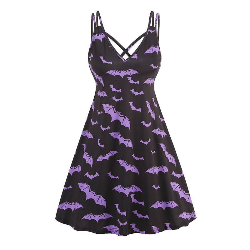 A Maramalive™ V-neck Strap Halloween Printed Pumpkin Flowers Bat Gothic Dress with skulls and flowers on it in an art retro style.
