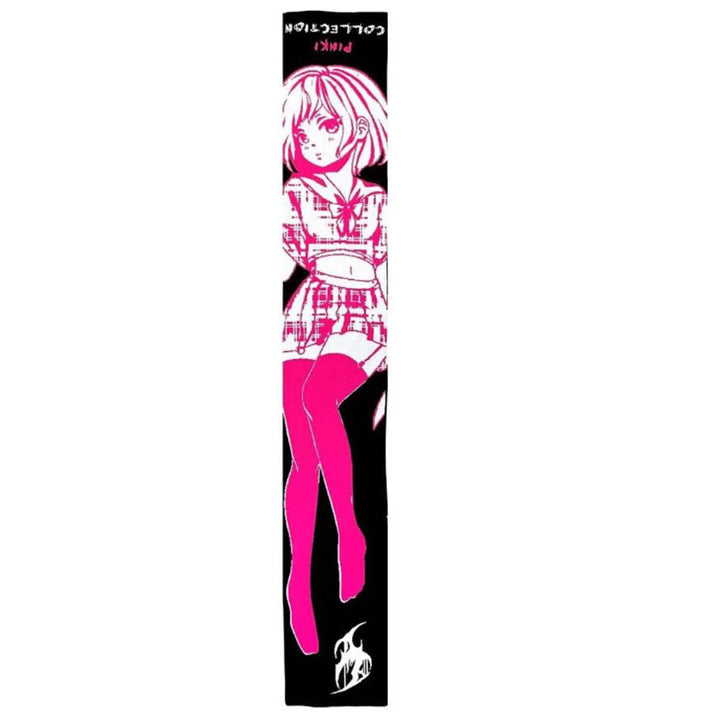 A vertical rectangular fabric with a pink and black design featuring an anime-style character in a sailor outfit and the word "Collection" at the top, doubling as the Maramalive™ European And American Scarf Autumn And Winter New Dark Style Fire Element, made from cozy viscose fiber, making it the perfect winter accessory.