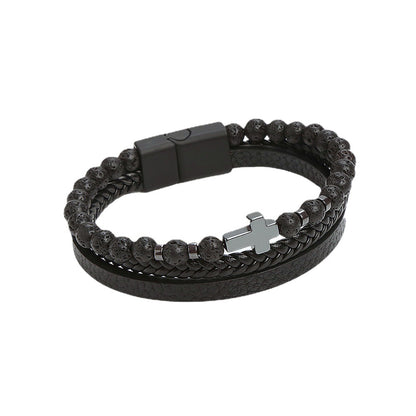 A man wearing a Men's Fashion Natural Stone Braided Leather and Stainless Steel Clasp Bracelet from Maramalive™ with black beads.