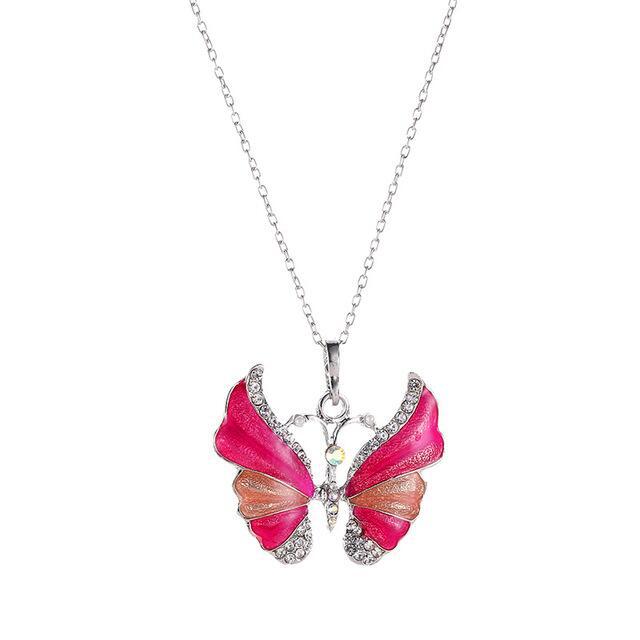 Unique Colorful Butterfly Pendant Stunning Silver Necklace for Her Pink