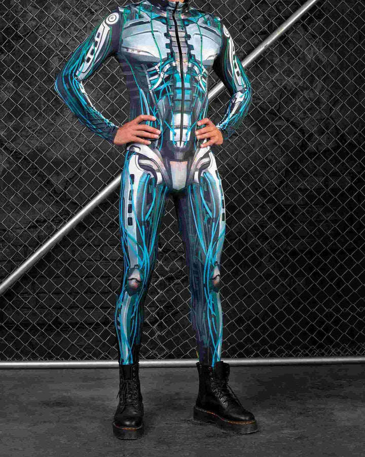 Person wearing a form-fitting Maramalive™ Halloween New Tights 3D Digital Printing One-piece Play Costume with a futuristic, robotic design, standing in front of a chain-link fence with their hands on their hips.