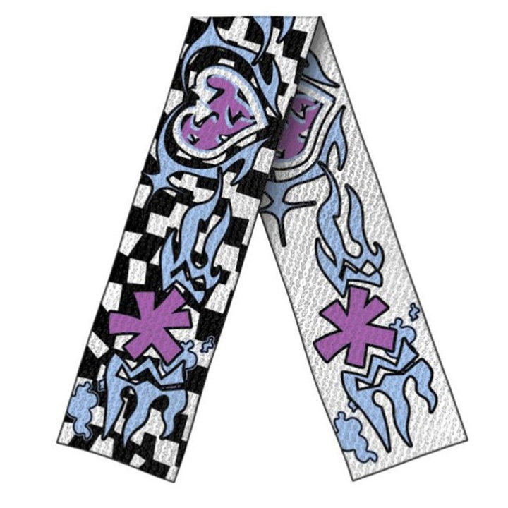The Maramalive™ European And American Scarf Autumn And Winter New Dark Style Fire Element features a checkered black and white pattern with abstract blue and purple shapes and designs, made from soft viscose fiber to keep you warm. This stylish winter accessory adds a vibrant touch to any outfit.