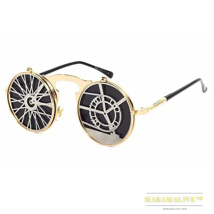 OEC CPO Metal Round Steampunk Sunglasses Women Fashion Glasses Men Windmill Flip Design Frame Personality Eyeglasses UV400