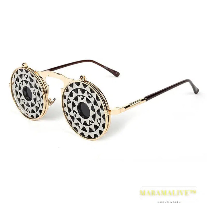 OEC CPO Metal Round Steampunk Sunglasses Women Fashion Glasses Men Windmill Flip Design Frame Personality Eyeglasses UV400