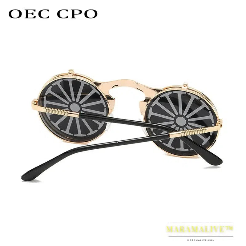 OEC CPO Metal Round Steampunk Sunglasses Women Fashion Glasses Men Windmill Flip Design Frame Personality Eyeglasses UV400