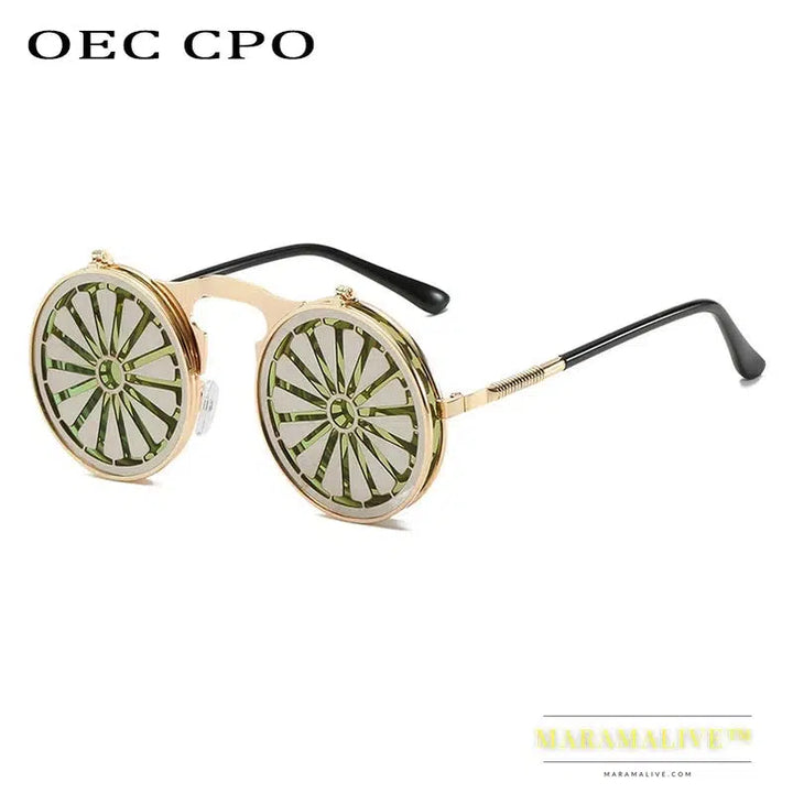 OEC CPO Metal Round Steampunk Sunglasses Women Fashion Glasses Men Windmill Flip Design Frame Personality Eyeglasses UV400