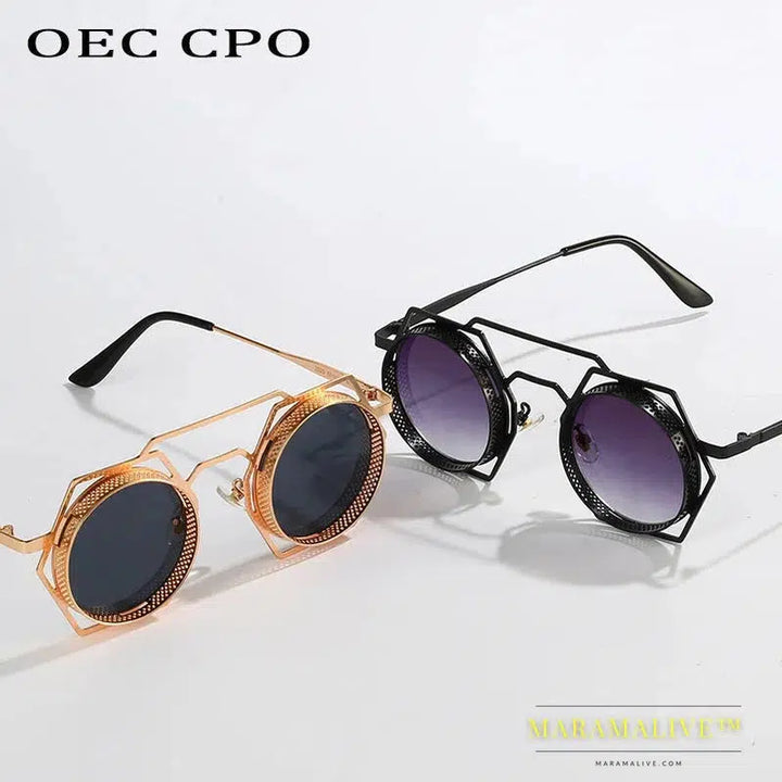 OEC CPO Steampunk Round Sunglasses Women Men 2023 Metal Mesh Personality Sun Glasses Female Eyewear Goggle UV400 Shades Oculos