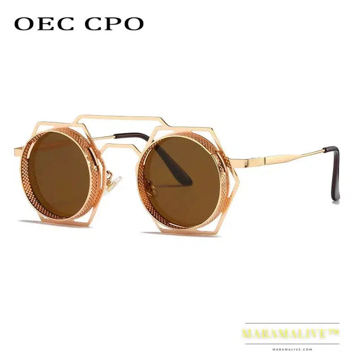 OEC CPO Steampunk Round Sunglasses Women Men 2023 Metal Mesh Personality Sun Glasses Female Eyewear Goggle UV400 Shades Oculos