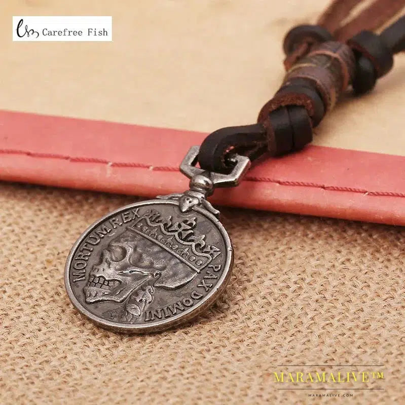 Occident steampunk retro alloy coins pendant male necklace long genuine leather rope necklace for men jewelry 25" adjustable