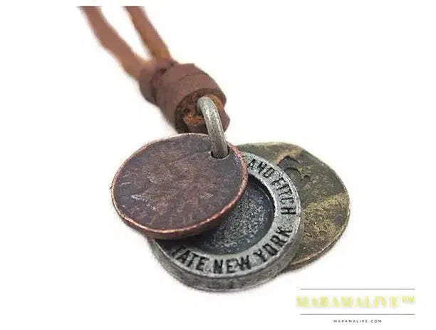 Occident steampunk retro alloy coins pendant male necklace long genuine leather rope necklace for men jewelry 25" adjustable