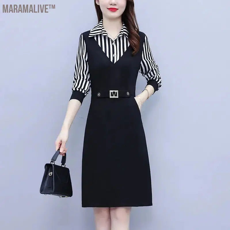 Office Lady Fake Two Piece Dress Large Size Striped Turn Down Collar Sequined Belt Decorate Lantern Sleeve Knee Length Dresses