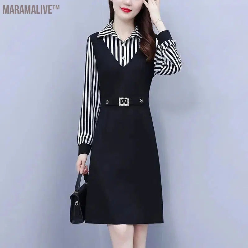 Office Lady Fake Two Piece Dress Large Size Striped Turn Down Collar Sequined Belt Decorate Lantern Sleeve Knee Length Dresses