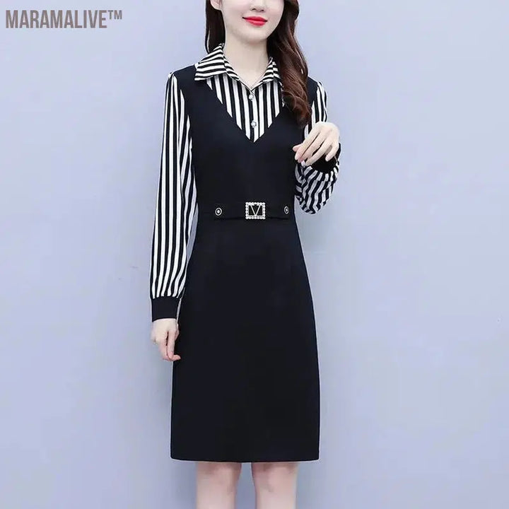 Office Lady Fake Two Piece Dress Large Size Striped Turn Down Collar Sequined Belt Decorate Lantern Sleeve Knee Length Dresses