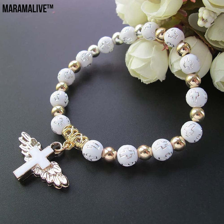 Oil Dripping Angel Cross Rosary Bracelet