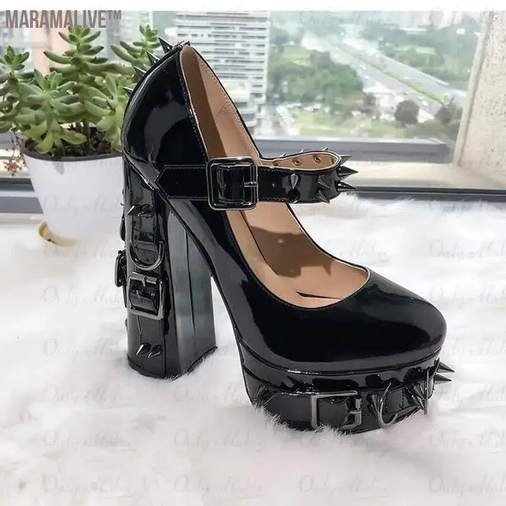 Onlymaker Women Mary-Jane Platform Gothic Buckle Belt Ring Rivet Shinny Chunky High Heels Ankle Strap Heeled Punk Pumps