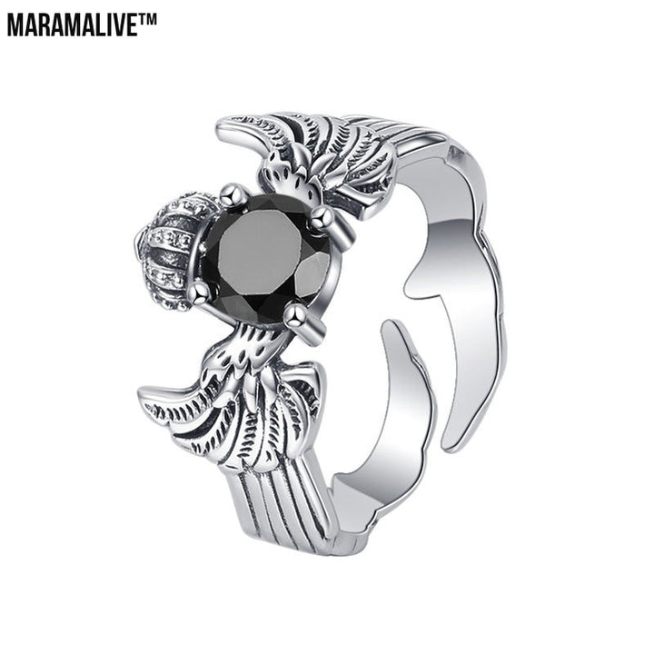 Onyx and S925 Silver Crown Ring | Winged Captivating Magic