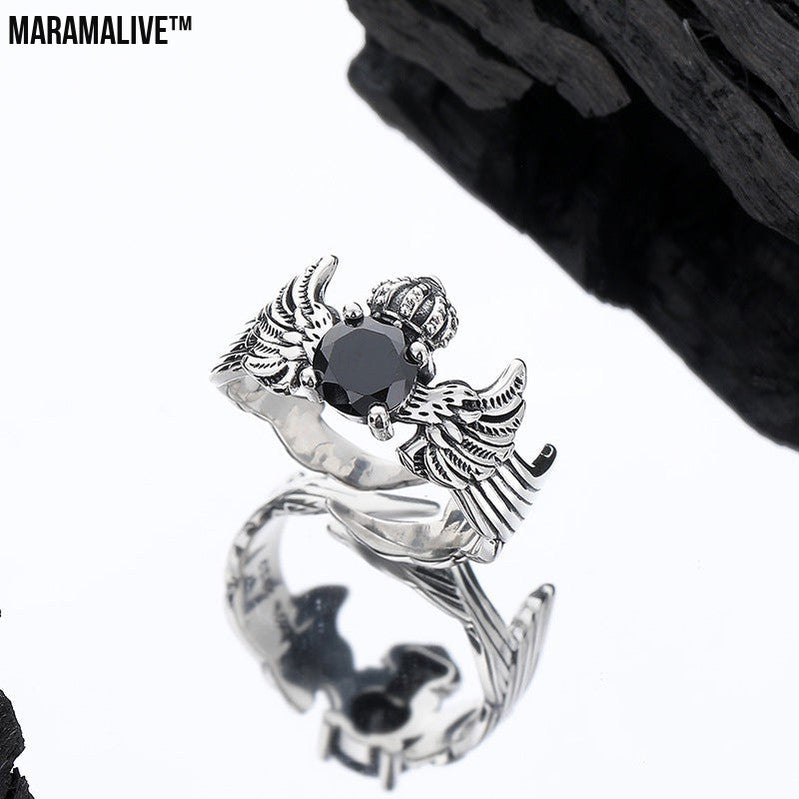 Onyx and S925 Silver Crown Ring | Winged Captivating Magic