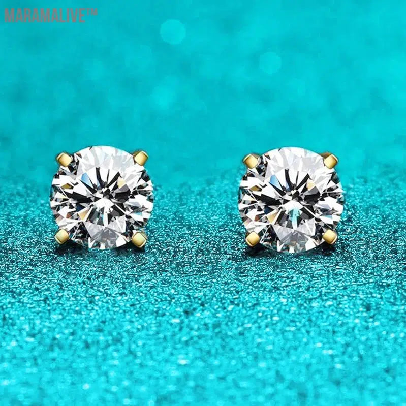 Original S925 Sterling Silver Moissanite Stud Earrings VVS Round Cut 18k Gold Imitation Diamond Ear Studs for Women Gift