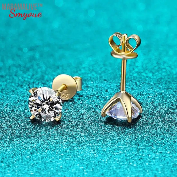 Original S925 Sterling Silver Moissanite Stud Earrings VVS Round Cut 18k Gold Imitation Diamond Ear Studs for Women Gift