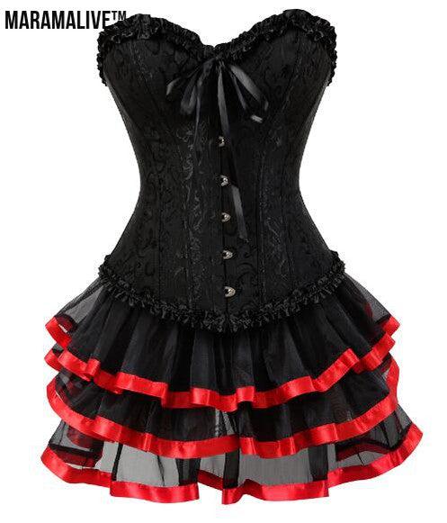 Overbust Burlesque Corset And Skirt Set Tutu Corselet Victorian Fashion Gowns