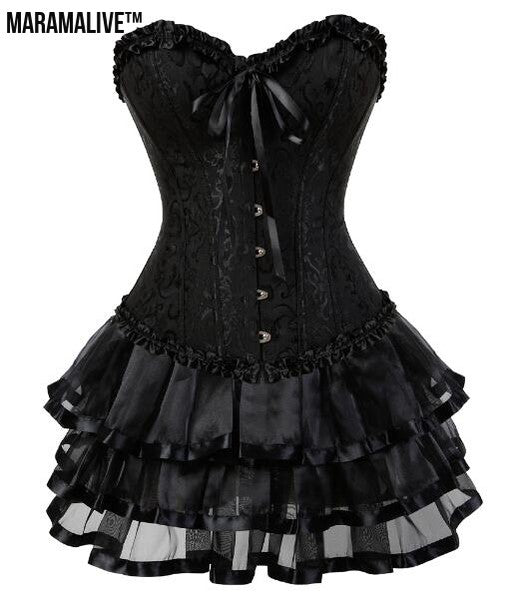 Overbust Burlesque Corset And Skirt Set Tutu Corselet Victorian Fashion Gowns