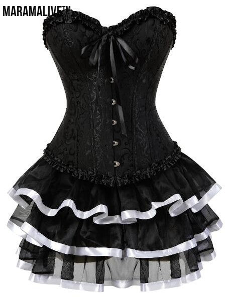 Overbust Burlesque Corset And Skirt Set Tutu Corselet Victorian Fashion Gowns