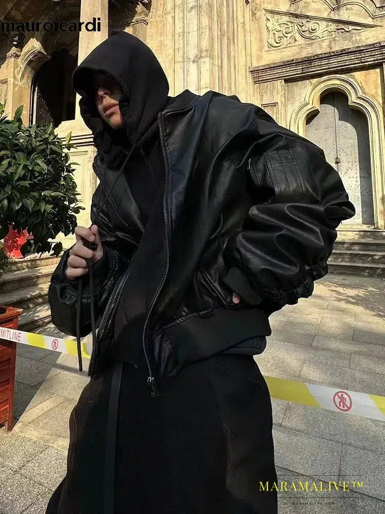 Oversized Cool Black Thickened Warm Pu Leather Bomber Jacket Men Hood Luxury Designer Fake 2 Clothes