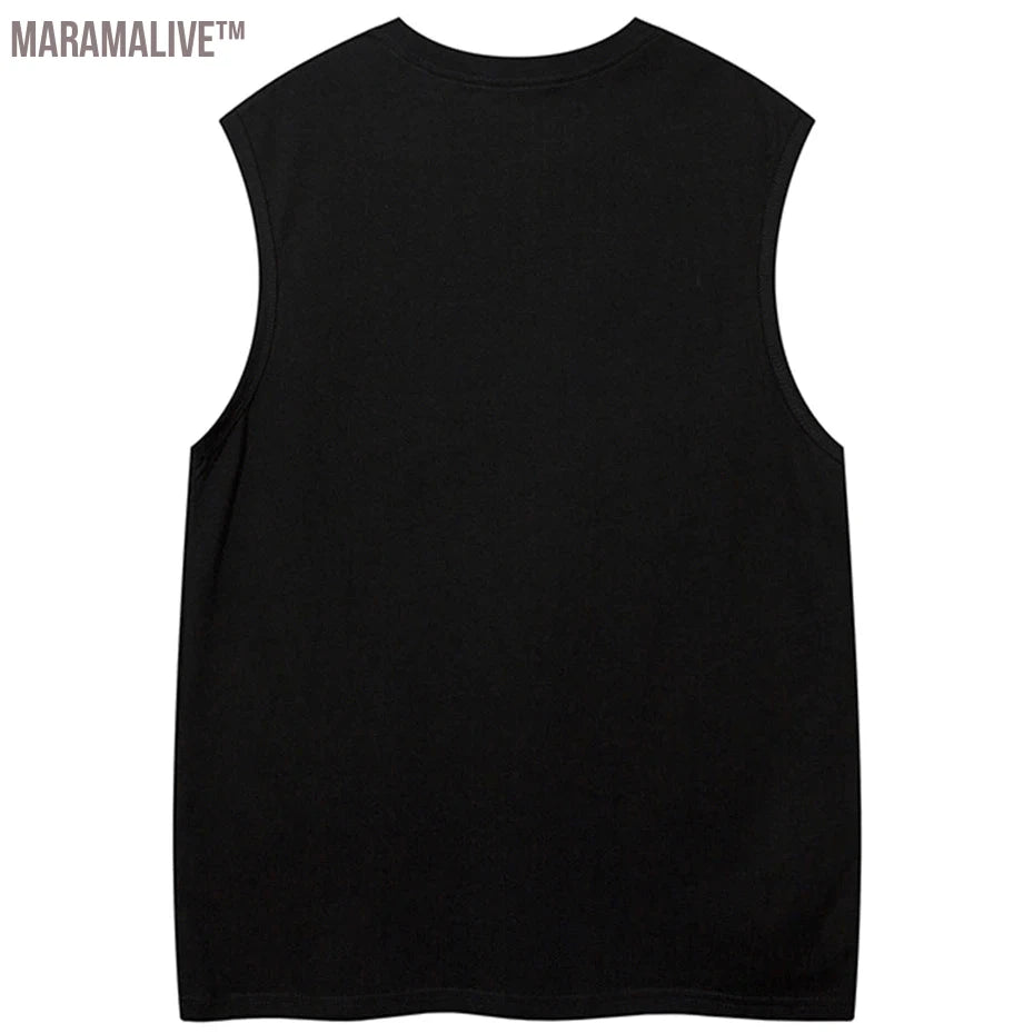 Oversized Vest Star Patchwork Y2K Tops Men Harajuku Streetwear Tank Vests 2024 Fashion Casual Loose Cotton Hip Hop Vest Black