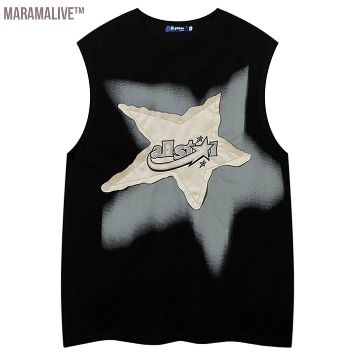 Oversized Vest Star Patchwork Y2K Tops Men Harajuku Streetwear Tank Vests 2024 Fashion Casual Loose Cotton Hip Hop Vest Black