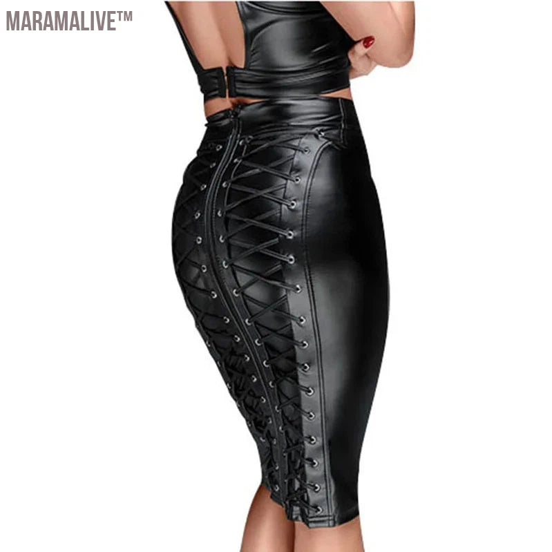 PU Leather Skirt up Zipper Bandage Bodycon Faux Leather 2021 Back Lace Womens Ladies Knee Length Wet Look Plus Size Black Style