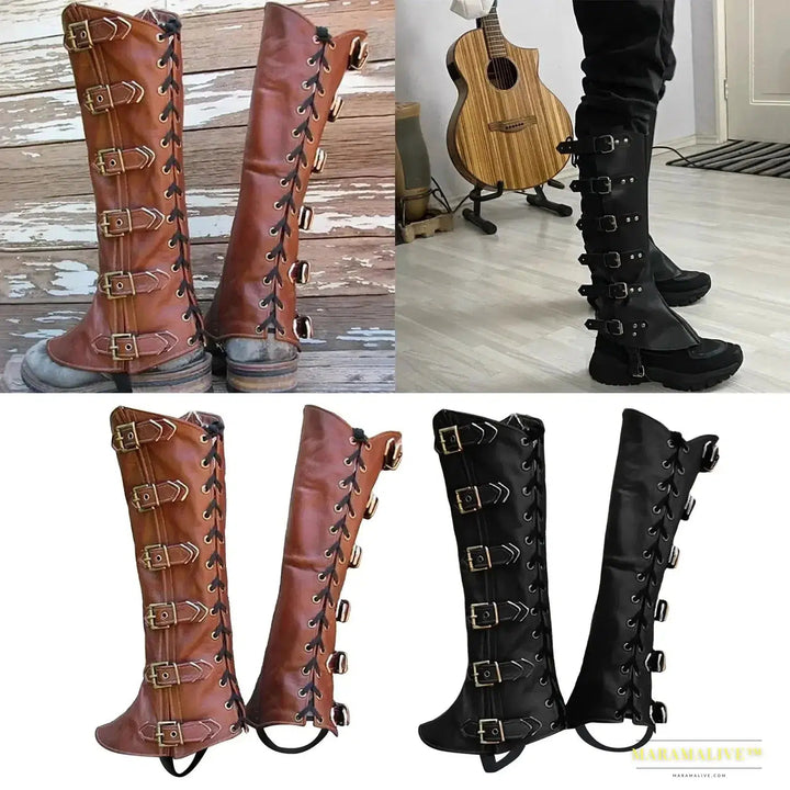 PU Leg Guard Shoe Cover - Steampunk Warrior Medieval Gothic Cosplay Props for Masquerade Knights Costume Accessory