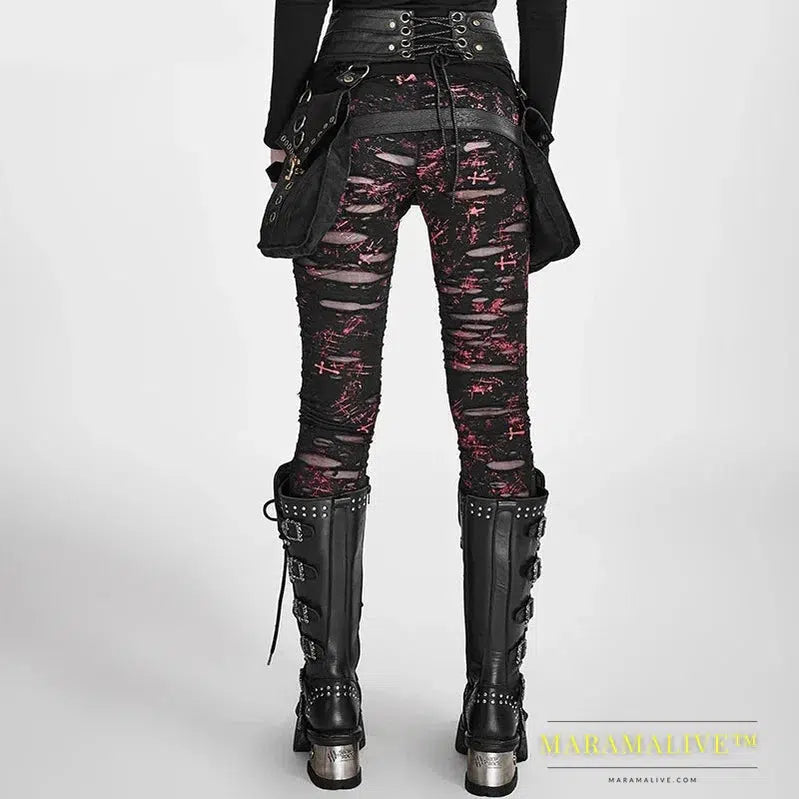 PUNK RAVE Gothic Women Broken Mesh Leggings High Elastic Holes Crocheted Breathable Ripped Pants Black Red Steampunk Charm Sexy