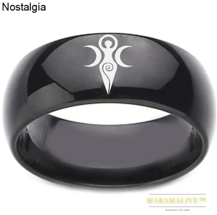 Pagan Triple Moon Goddess Black Ring Mens Womens Steampunk Titanium Jewellery Wicca Witchcraft Witch Rings For Girls