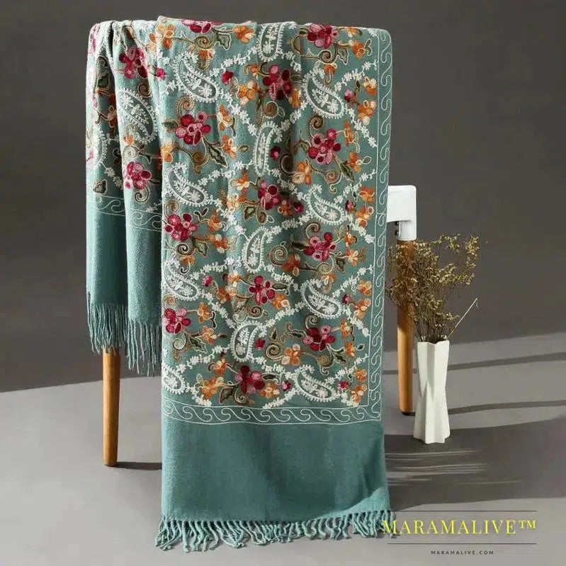 Pashmina Women Shawls Embroidery Flower Wrap Chal Soft Imitation Cashmere Scarf Tassels Muffler Poncho Cape