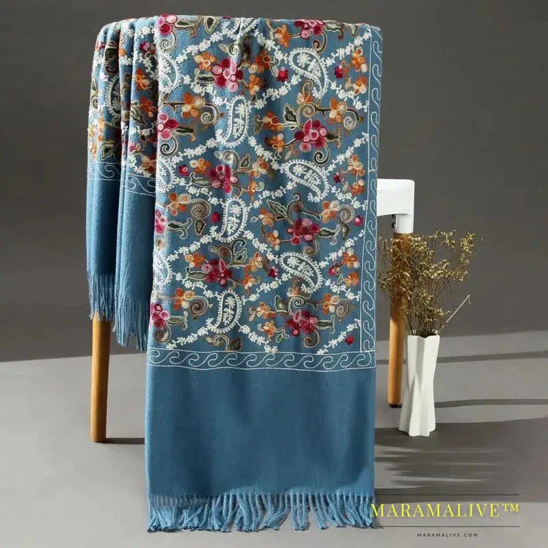 Pashmina Women Shawls Embroidery Flower Wrap Chal Soft Imitation Cashmere Scarf Tassels Muffler Poncho Cape