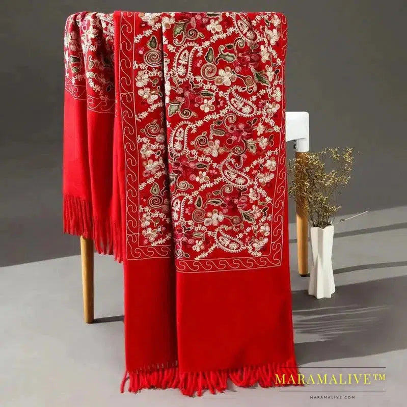 Pashmina Women Shawls Embroidery Flower Wrap Chal Soft Imitation Cashmere Scarf Tassels Muffler Poncho Cape